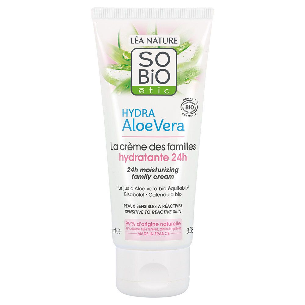 Tube de crème avec logo et nom du produit. Texte : Hydra Aloe Vera, La crème des familles hydratante 24h. Label bio.