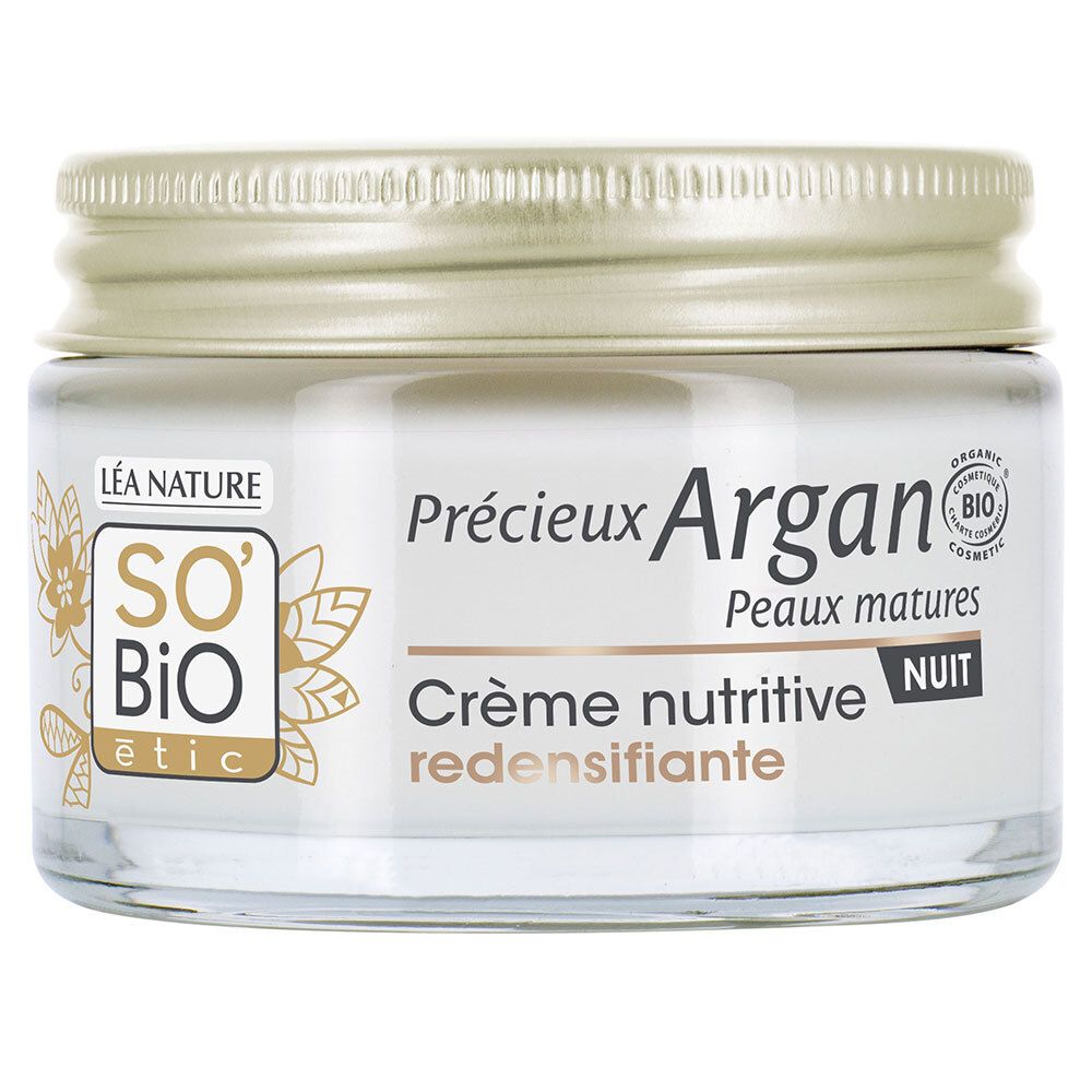 Crèmepot met gouden deksel. Opschrift: Précieux Argan, Crème nutritive redensifiante, NUIT. Bio-keurmerk.
