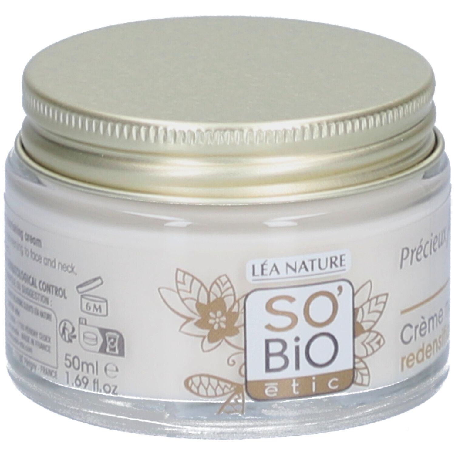 Pot de crème avec couvercle doré. Inscription: SO BIO etic, Précieux, Crème redensifiante. 50ml.