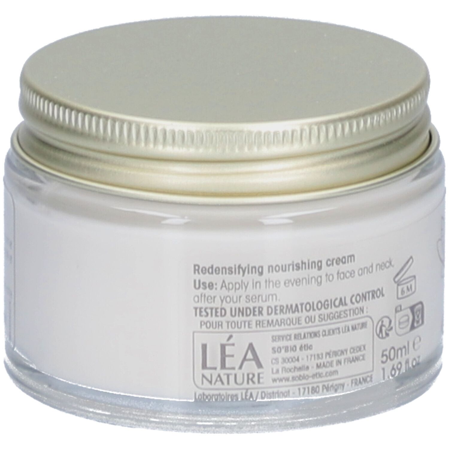 Dos du pot de crème. Texte: Redensifying nourishing cream. Testé sous contrôle dermatologique. 50ml.