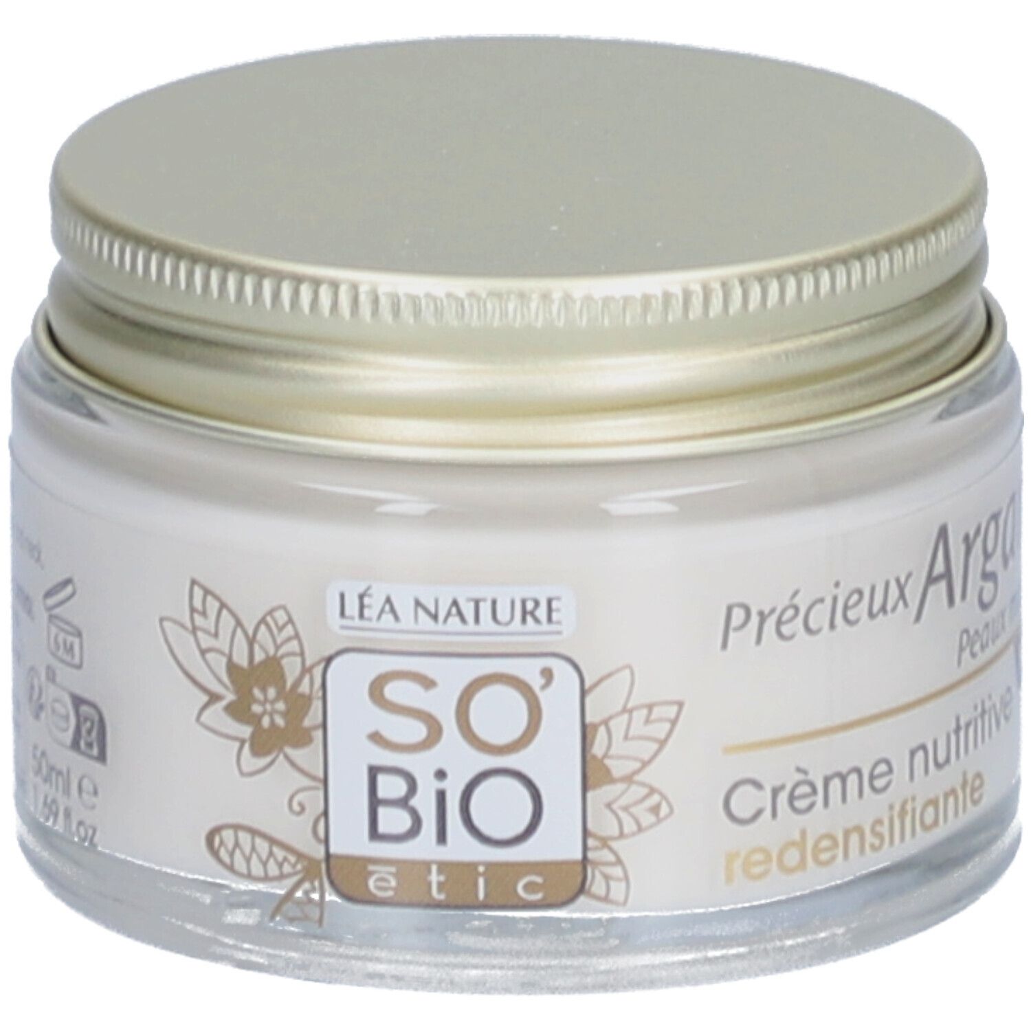 Pot de crème avec couvercle doré. Inscription: SO BIO etic, Précieux Argan, Crème nutritive redensifiante. 50ml.
