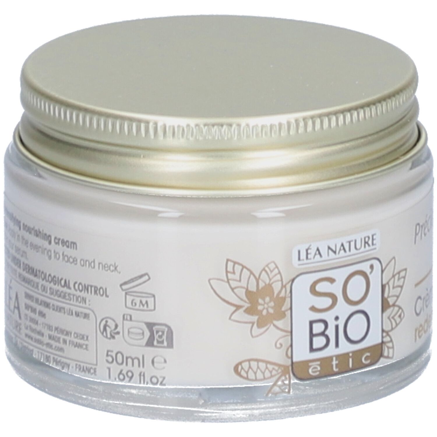 Pot de crème avec couvercle doré. Inscription: SO BIO etic, Précieux, Crème nutritive redensifiante. 50ml.