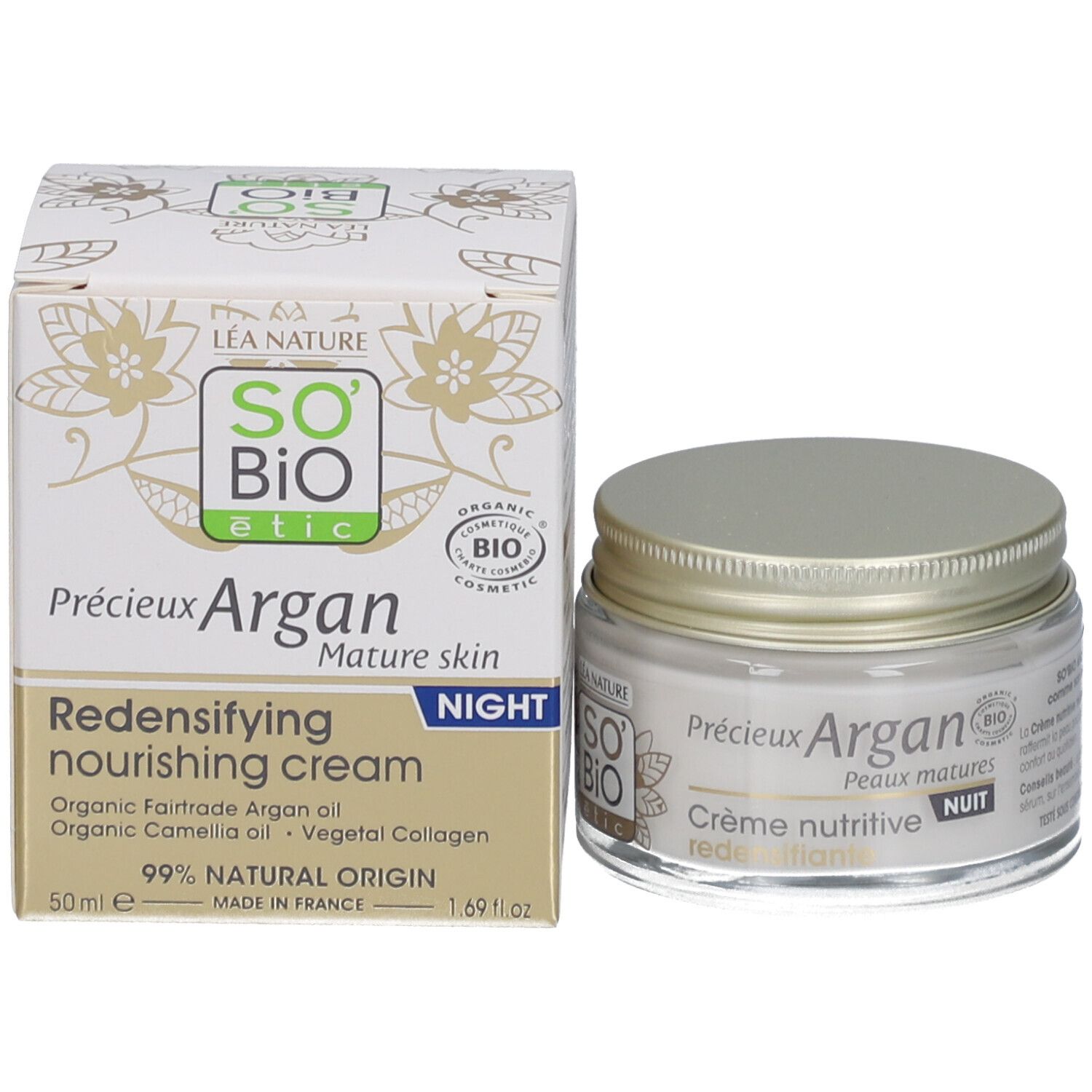 Pot de crème et boîte. Inscription: SO BIO etic, Précieux Argan, Redensifying nourishing cream. 50ml. Peaux matures.