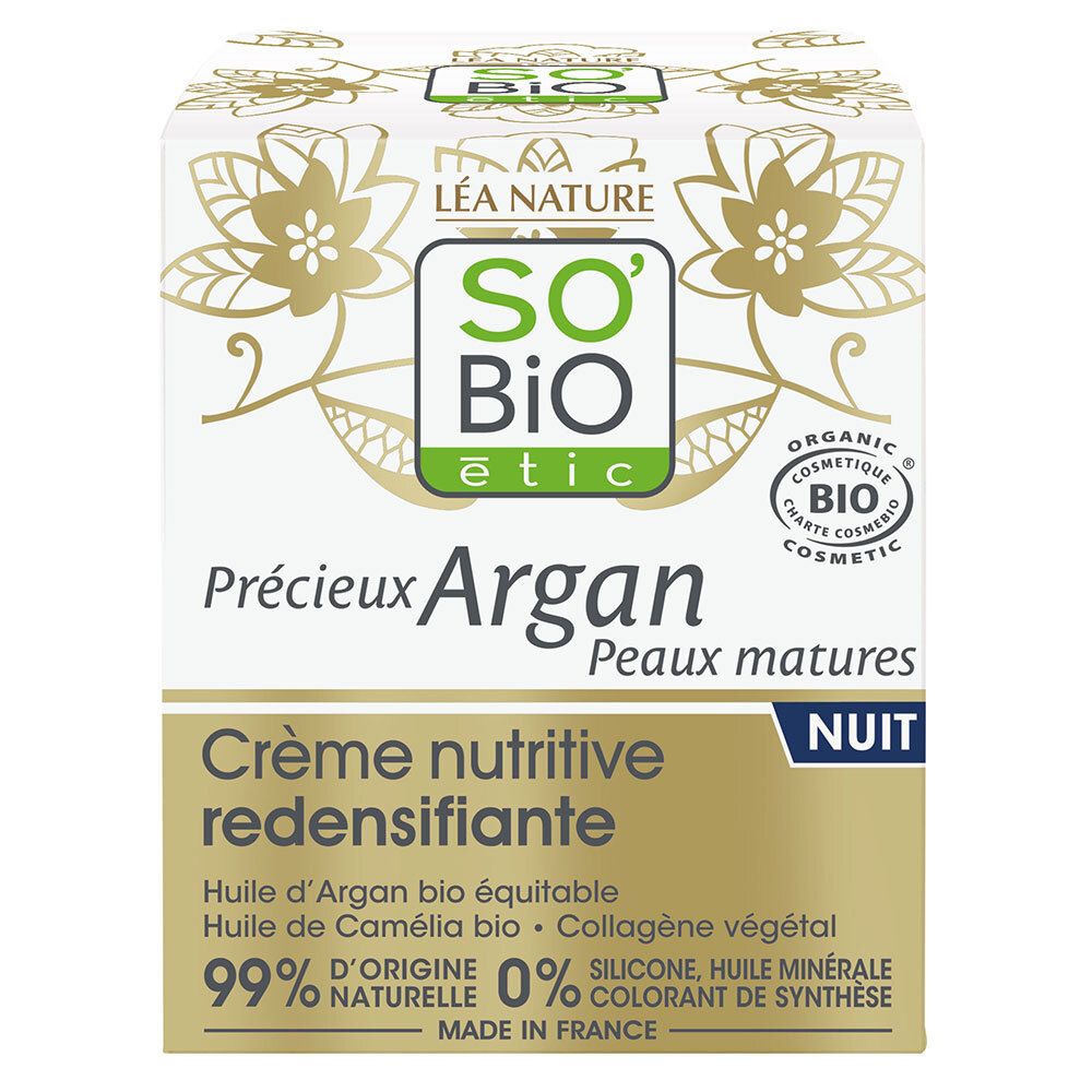 Kartonnen verpakking met productinformatie. Opschrift: Précieux Argan, Crème nutritive redensifiante, NUIT. Bio-keurmerk.