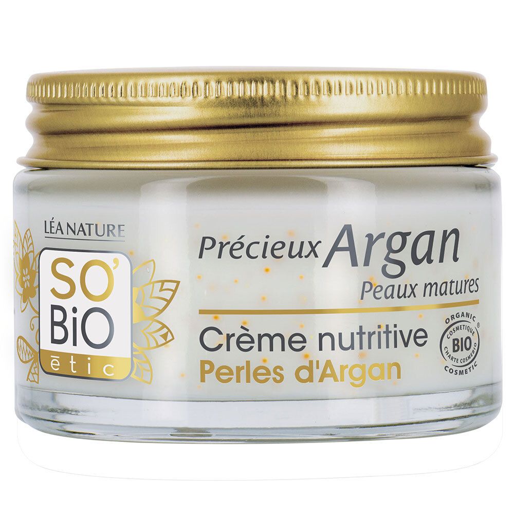 Crèmepot met gouden deksel. Opschrift: SO'BiO étic, Précieux Argan, Crème nutritive Perles d'Argan. Bio-certificering.