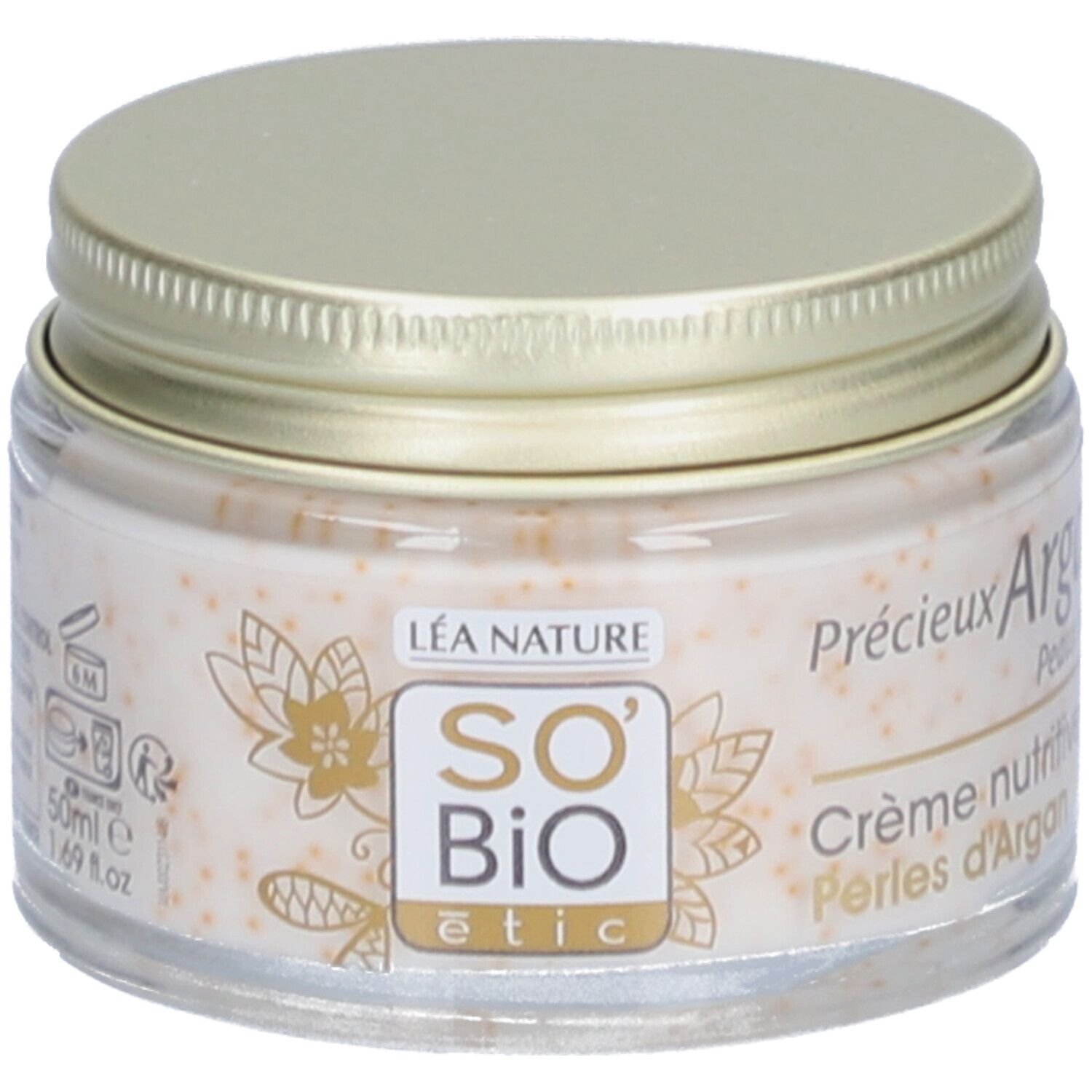 Pot en verre avec couvercle doré. Inscriptions: SO BIO etic, Léa Nature, Précieux Argan, Crème nutritive Perles d'Argan.