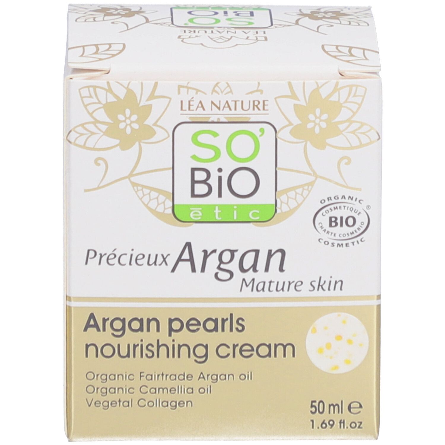 Emballage du produit. Inscriptions: SO BIO etic, Précieux Argan, Crème nutritive Perles d'Argan. 50ml.