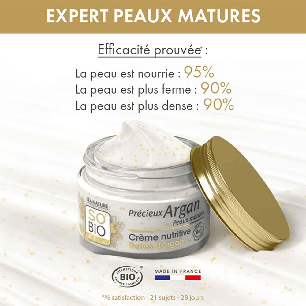 Crèmepot met open deksel. Opschrift: SO'BiO étic, Précieux Argan, Crème nutritive Perles d'Argan. Bio-certificering. Made in France.