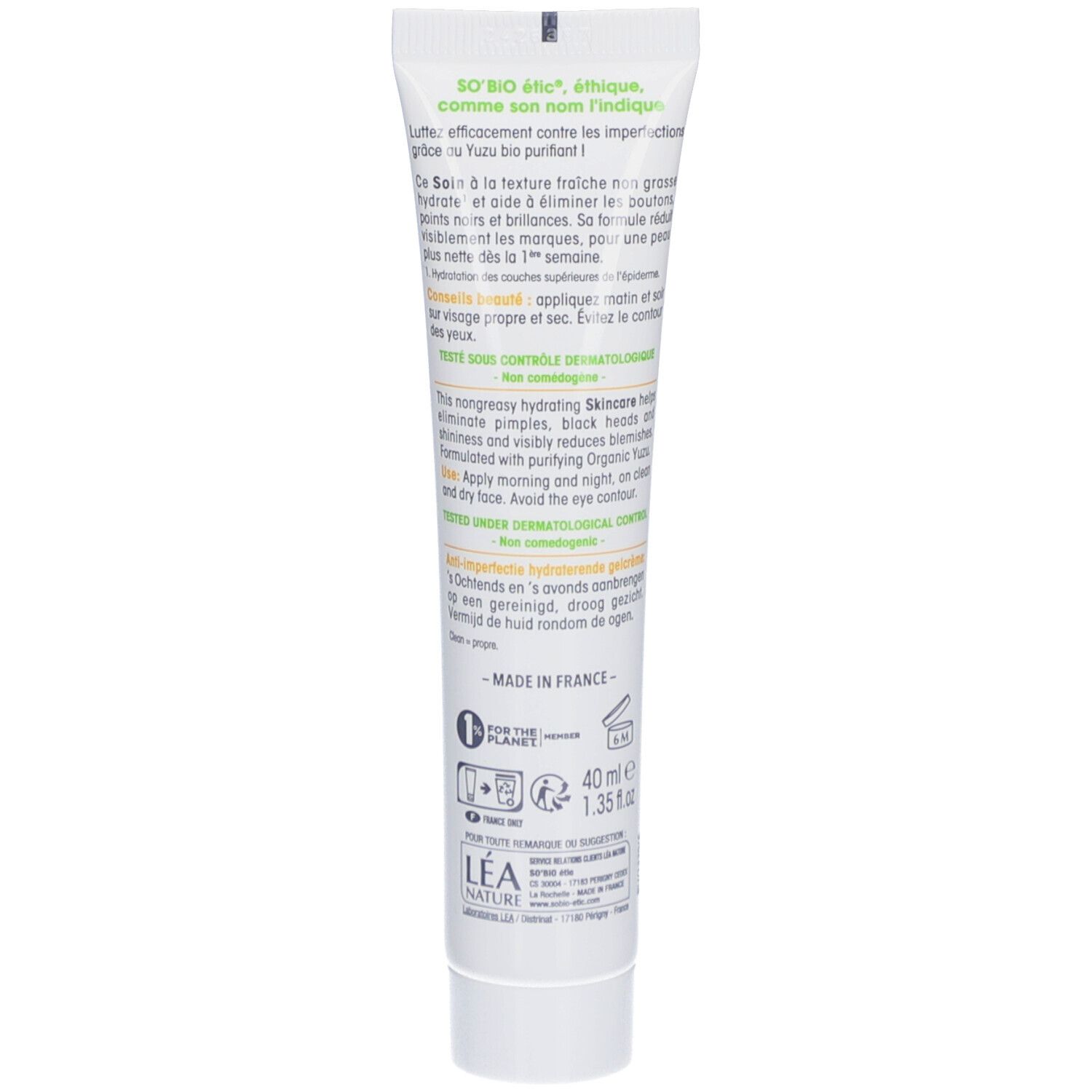 Tube blanc, texte vert. SO BIO ETIC, 40 ml. Informations produit et certifications au dos.