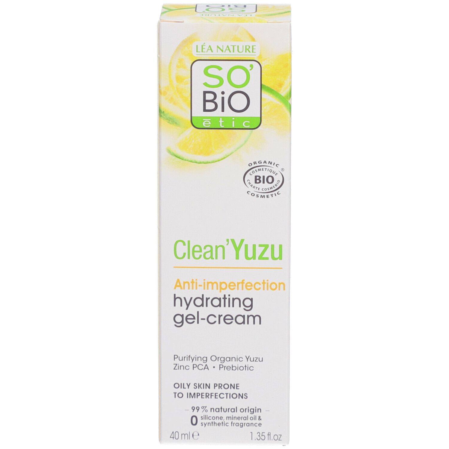 Emballage produit. SO BIO ETIC Clean'Yuzu Gel-Crème. Anti-imperfections. 40 ml. Certification bio.