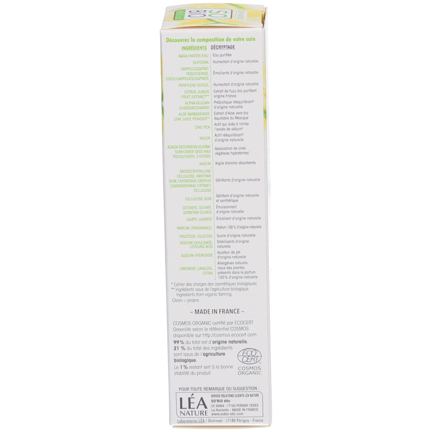 Kartonnen verpakking, zijaanzicht. Tekst: ingrediënten, certificeringen, fabrikantinformatie. Bio-certificering.