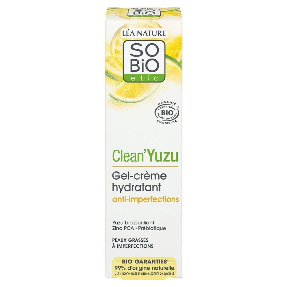 Emballage carton avec illustration de citrons. Texte: Clean'Yuzu Gel-Crème hydratant anti-imperfections. Certification bio.
