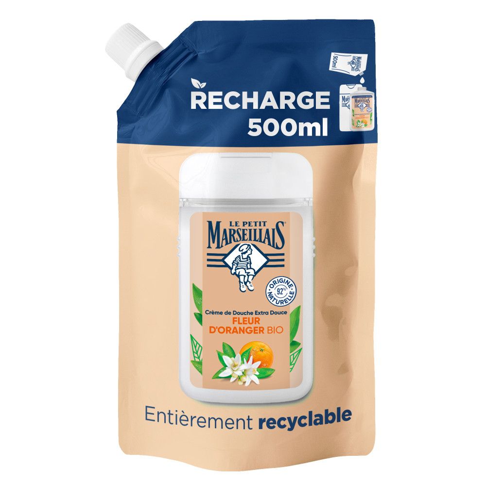 Recharge de 500ml de gel douche. Contient "Fleur d'Oranger BIO".  "Entièrement recyclable" est écrit en bas.