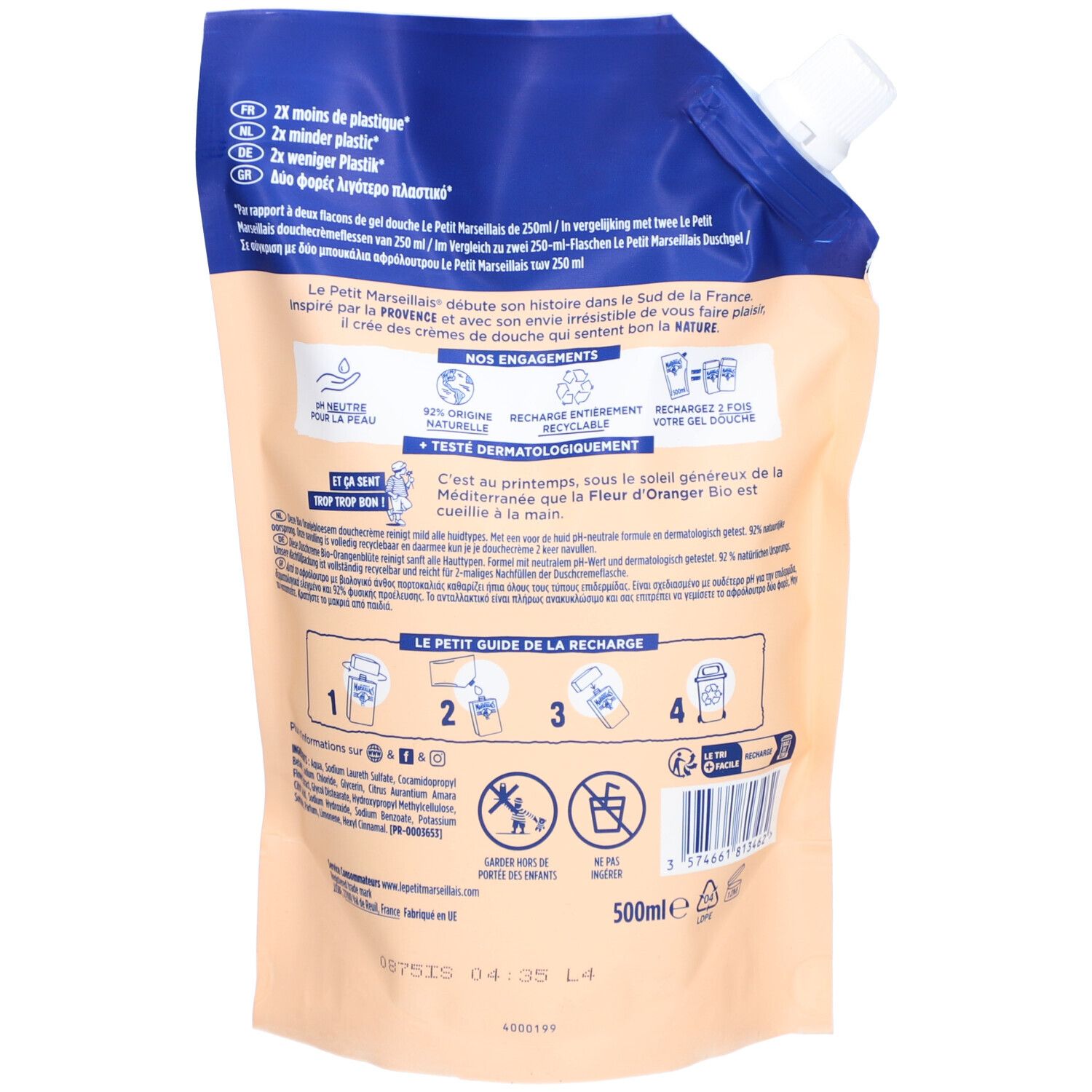 Dos de la recharge. Texte et logos. Inscription: Crème de Douche Extra Douce Fleur d’Oranger BIO. 500ml.