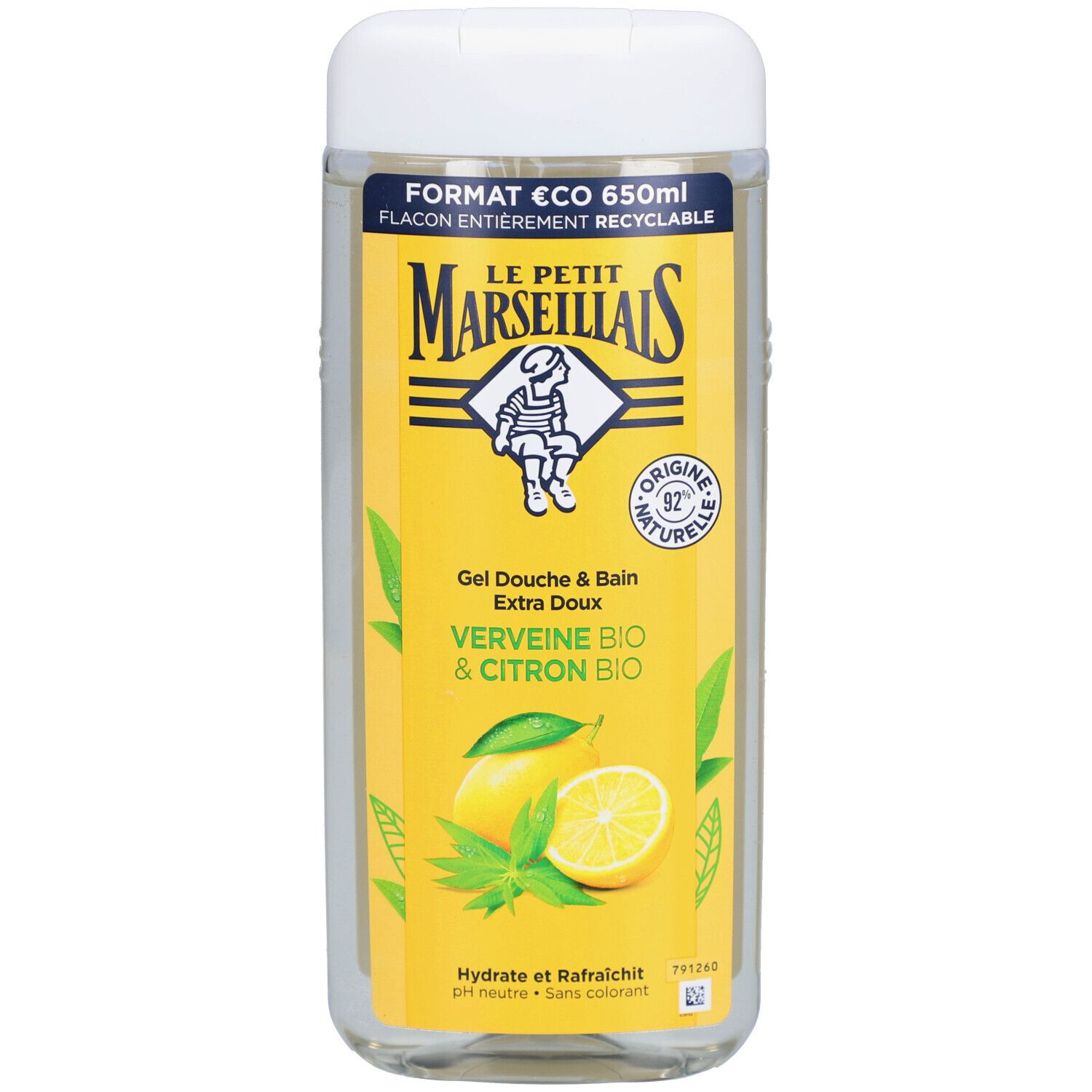 Transparante douchegel fles met witte dop. Gele label met tekst: Verveine BIO & Citron BIO. Logo: kind.