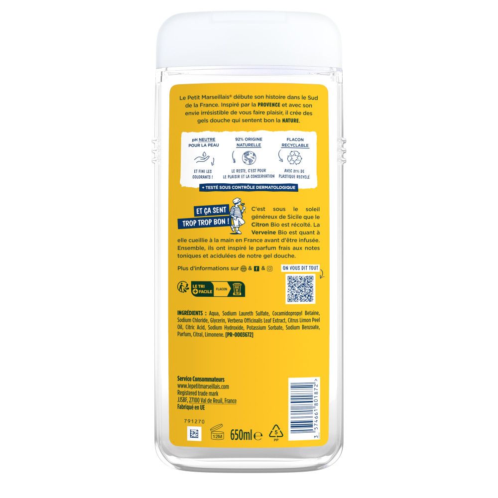 Dos du flacon de gel douche. Étiquette jaune avec texte et ingrédients. Code QR et 650ml.