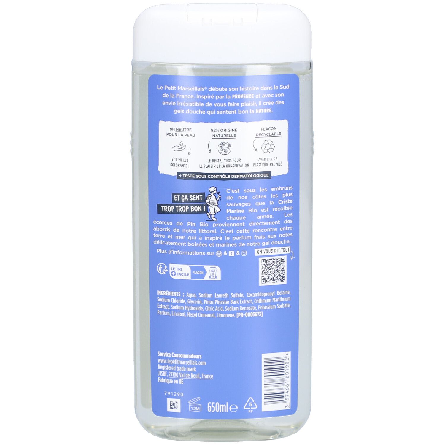 Achterkant van de fles. Blauw etiket met tekst en logo's. Opschrift: LE PETIT MARSEILLAIS. Informatie over ingrediënten en certificeringen.