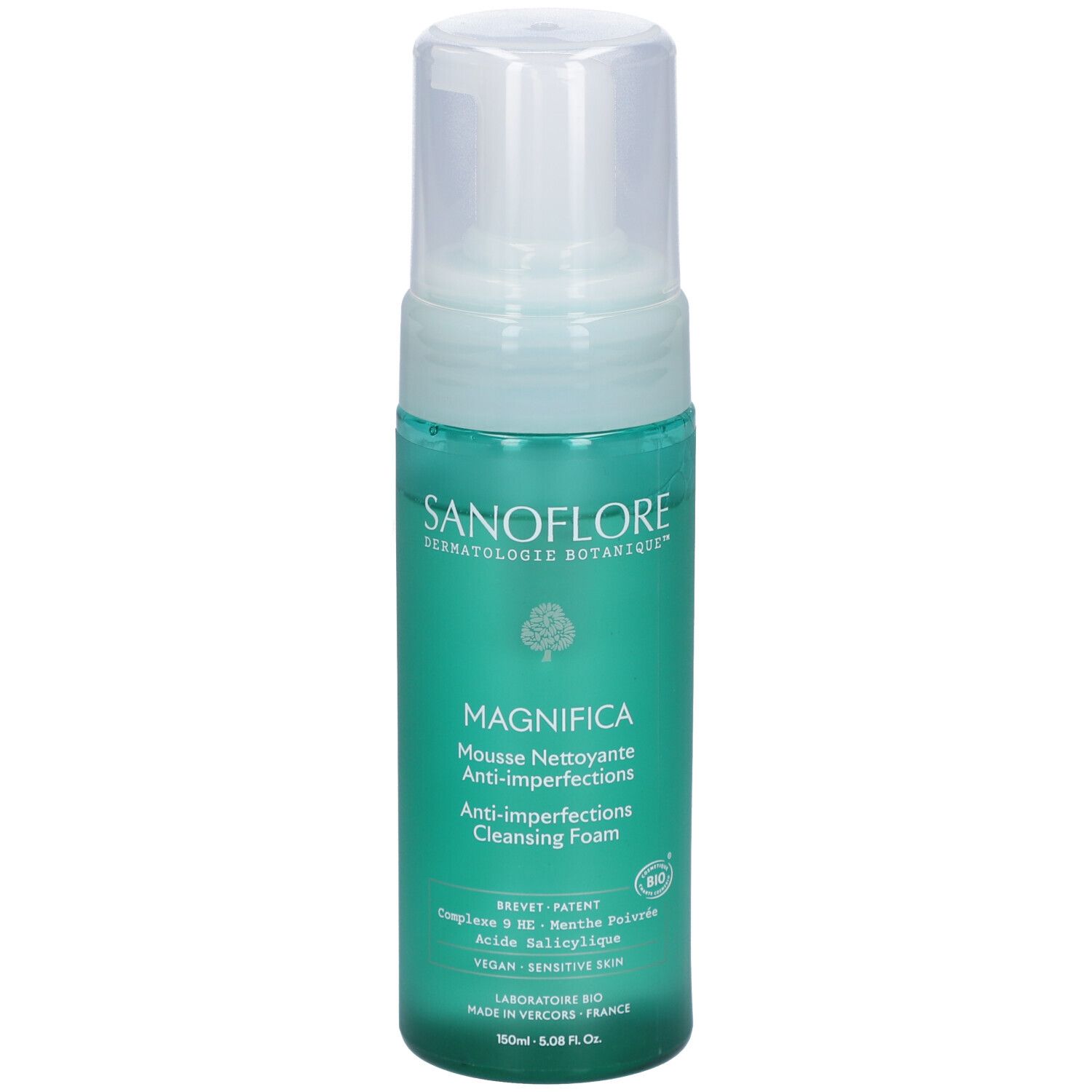Flacon vert avec pompe blanche. Inscriptions: SANOFLORE, MAGNIFICA, Anti-imperfections. Certification bio.