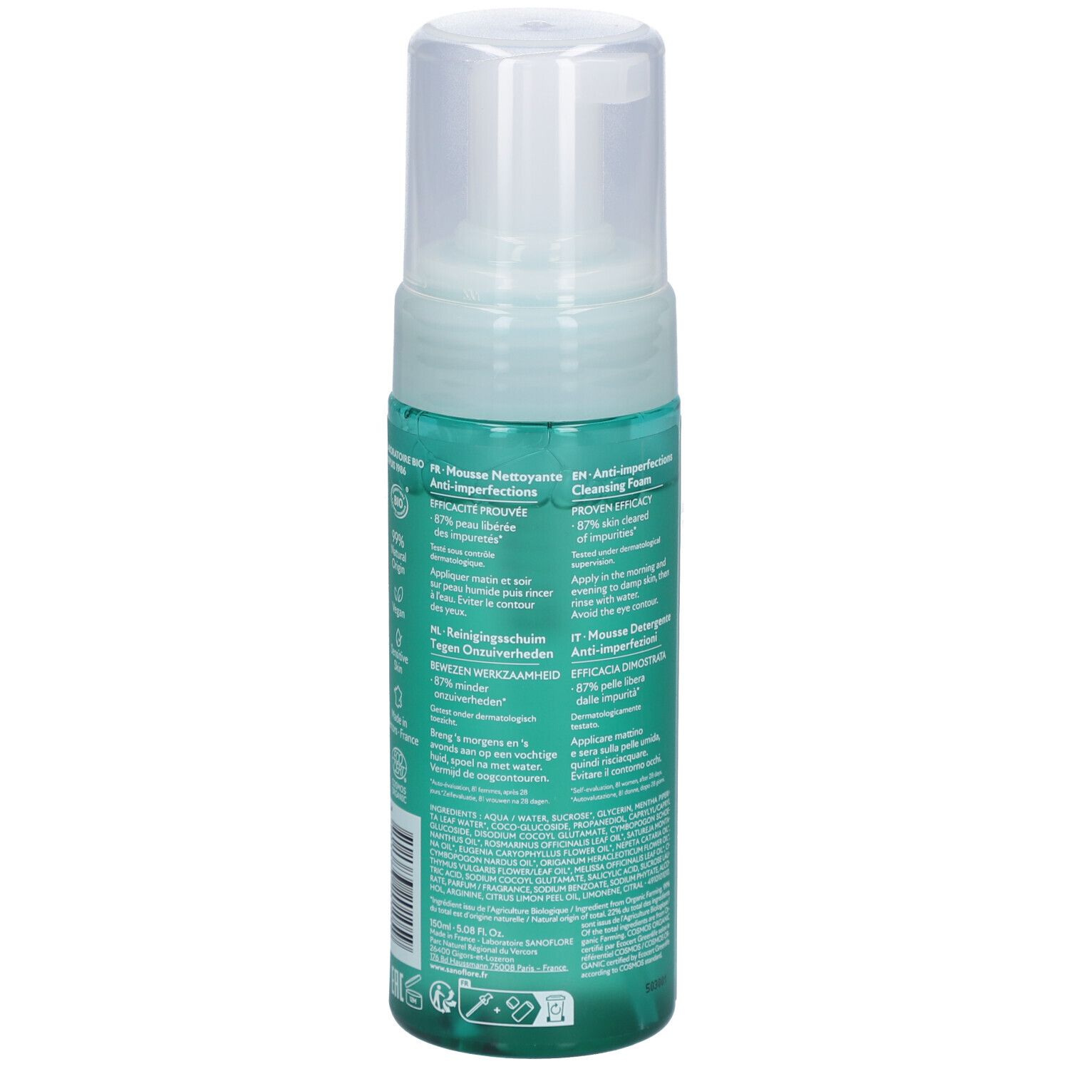 Flacon vert avec pompe blanche. Texte multilingue. Informations produit et ingrédients.