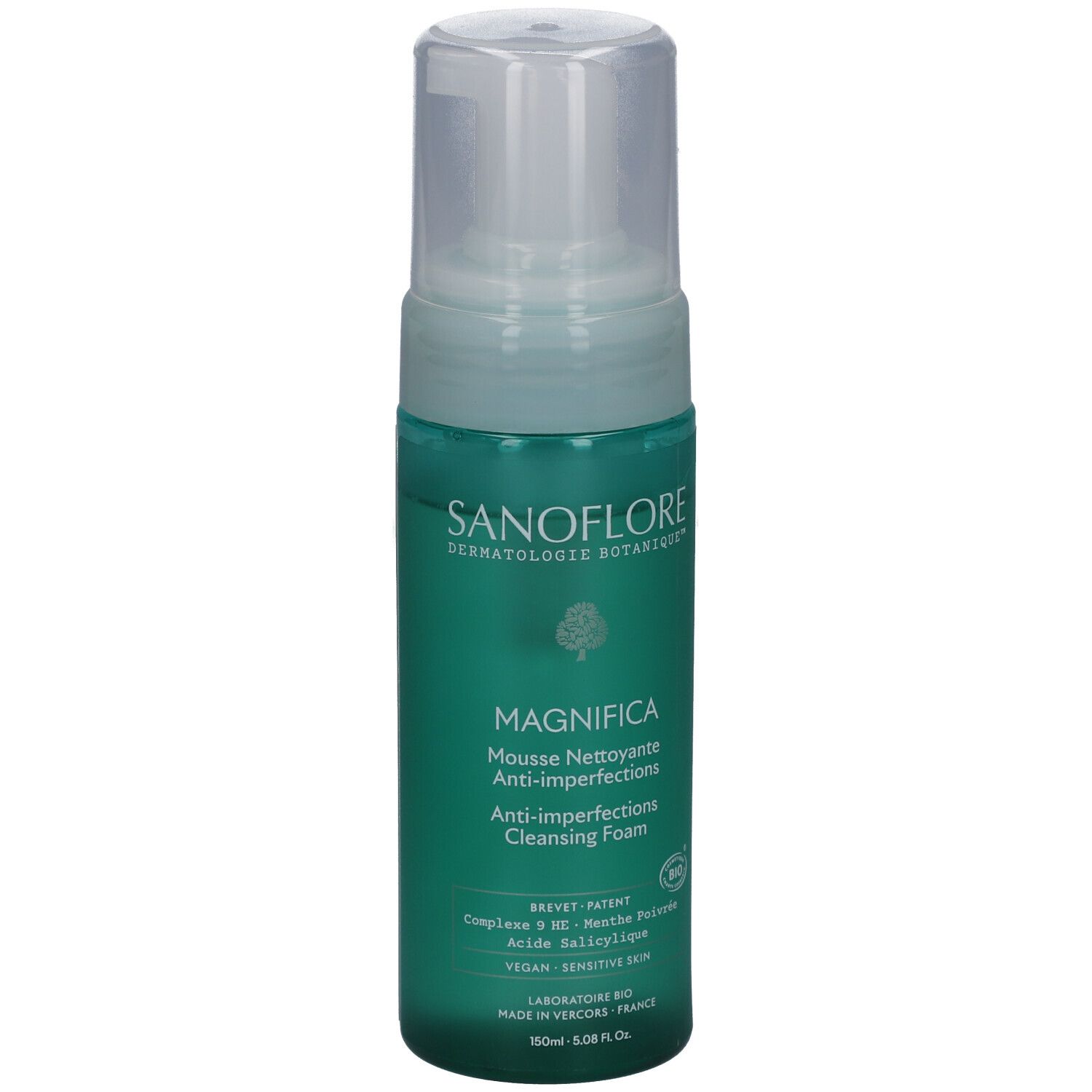 Flacon vert avec pompe blanche. Inscriptions: SANOFLORE, MAGNIFICA, Anti-imperfections. Certification bio.