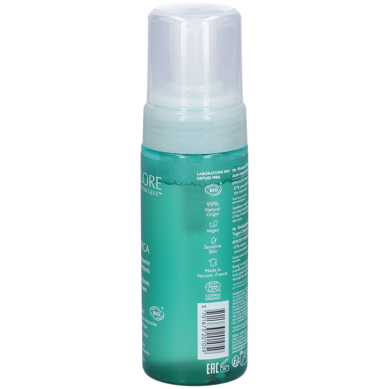 Flacon vert avec pompe blanche. Dos avec informations produit, ingrédients et code-barres.