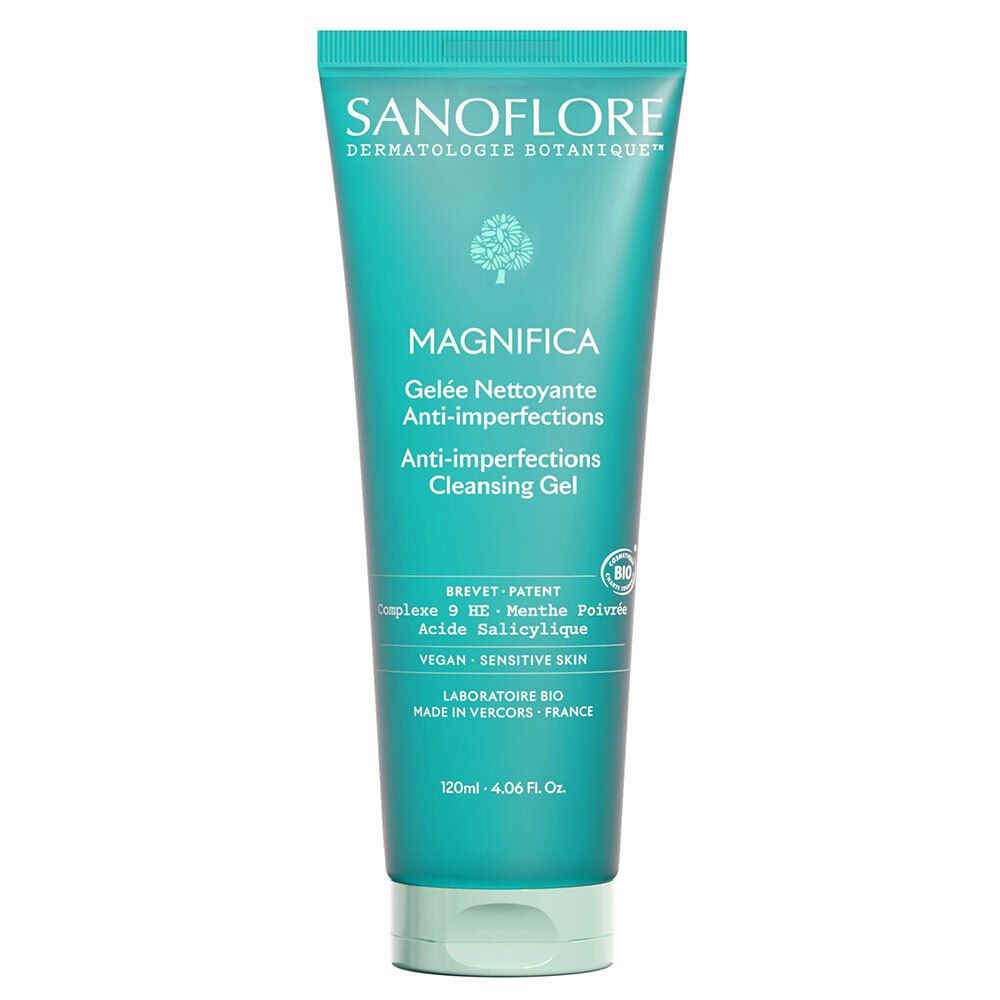 Turquoise tube met productnaam en tekst. Bevat informatie over ingrediënten en certificeringen.