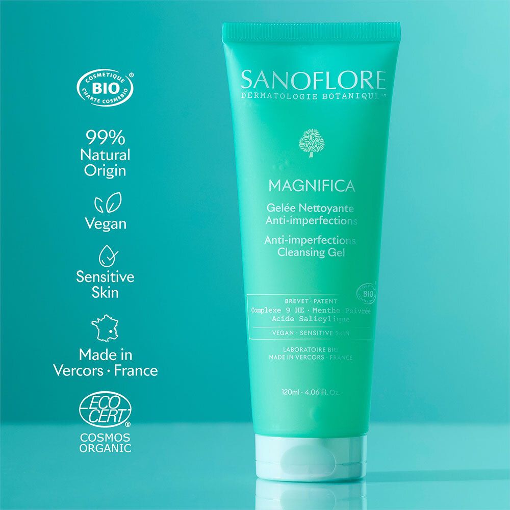 Turquoise tube met productnaam en certificeringen. Bevat informatie over ingrediënten en eigenschappen.