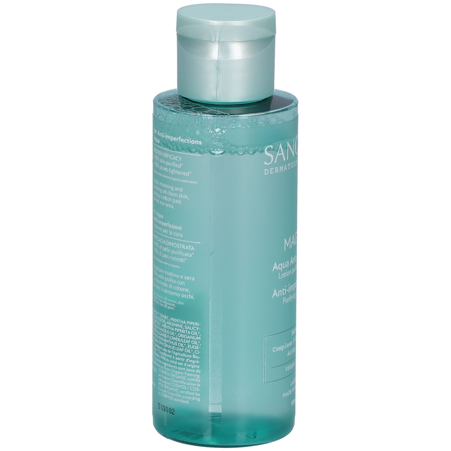 Achterkant van de fles. Opschrift: SANOFLORE, MAGNIFICA, Aqua Anti-imperfections. Ingrediënten en informatie. Vegan.