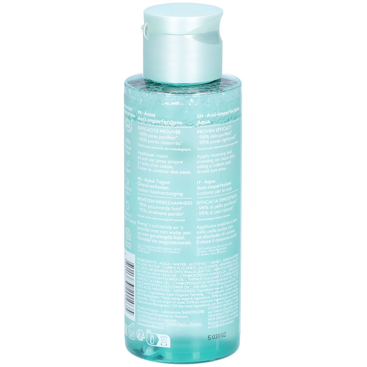 Achterkant van de fles. Opschrift: Aqua Anti-imperfections. Ingrediënten en informatie. Vegan. Streepjescode.