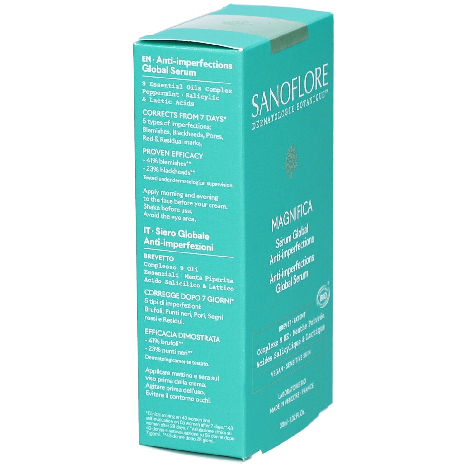 Boîte turquoise, vue latérale. Texte: Anti-imperfections Global Serum. Contient des informations en anglais et italien.