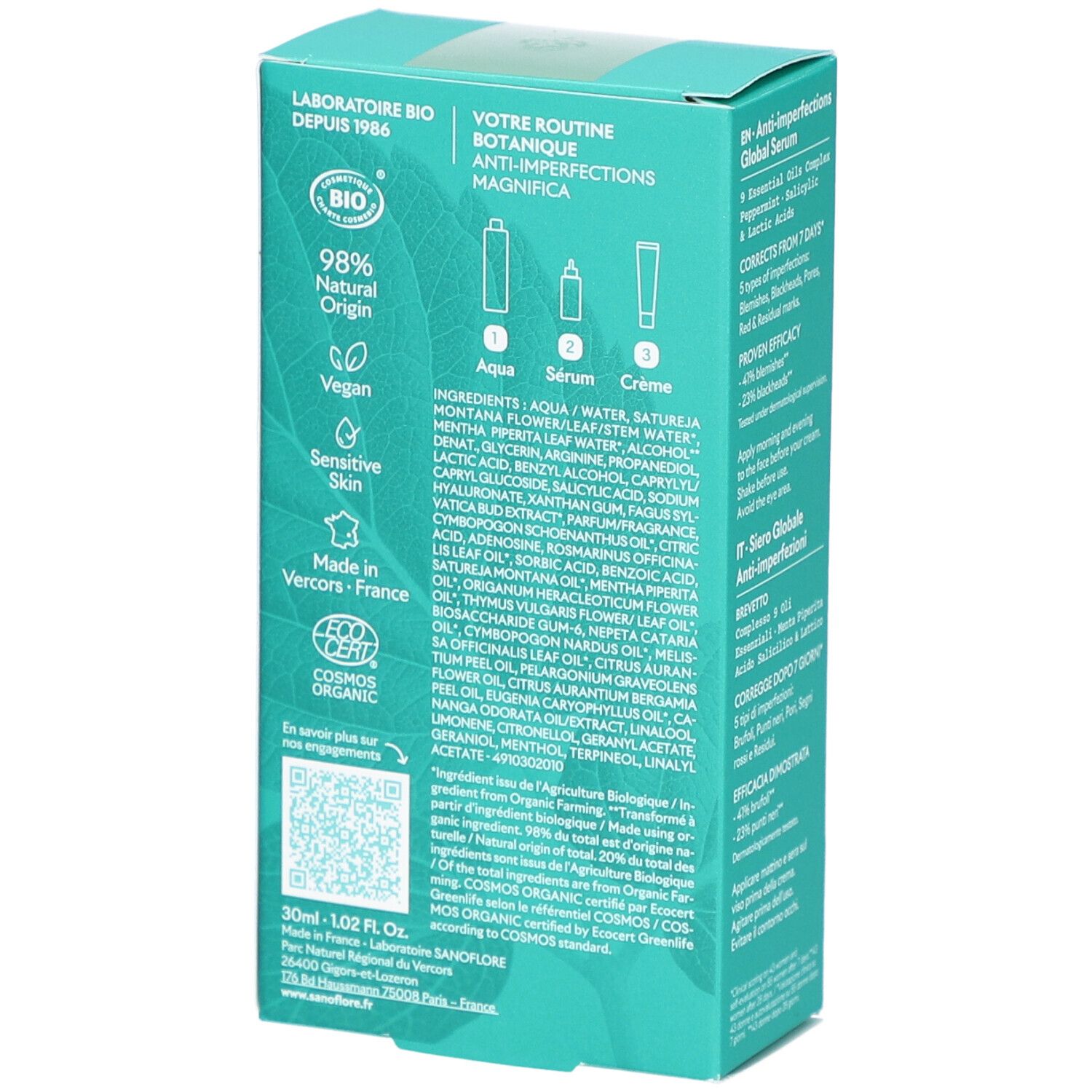 Dos de la boîte turquoise. Texte: Ingrédients, 98% d'origine naturelle, Vegan, certification bio.