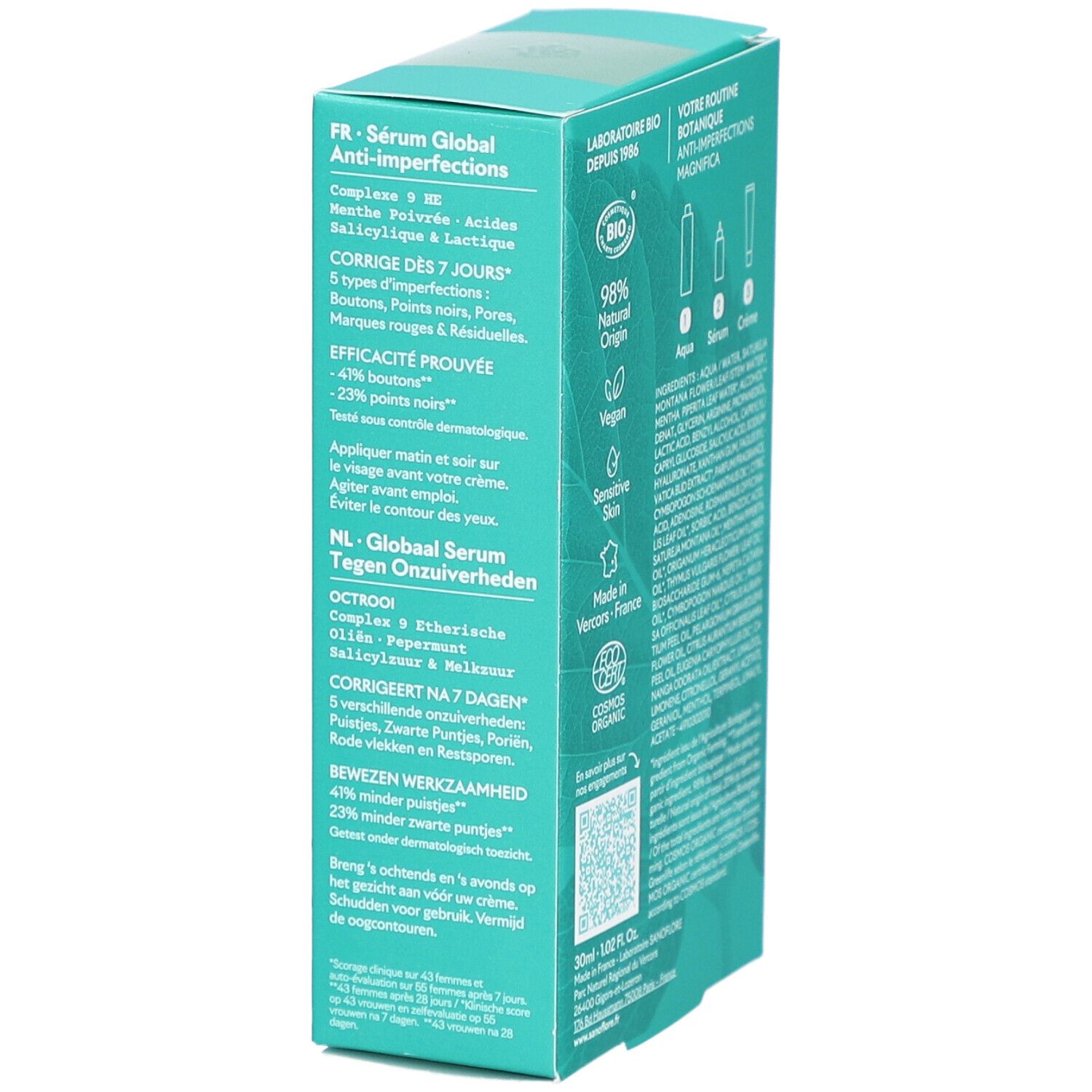 Dos de la boîte turquoise. Texte: Sérum Global Anti-imperfections. Contient des informations en français et néerlandais.