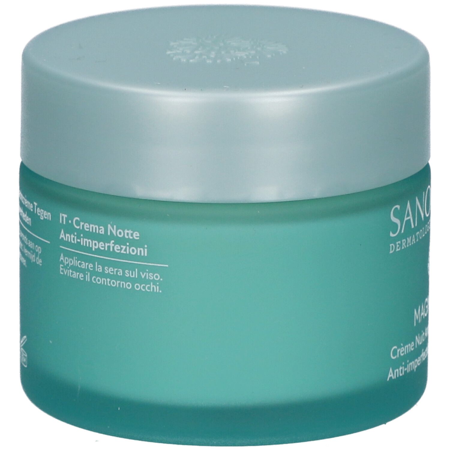 Dos d'un pot turquoise avec couvercle. Texte multilingue: Crème Nuit Anti-imperfections, instructions d'utilisation.