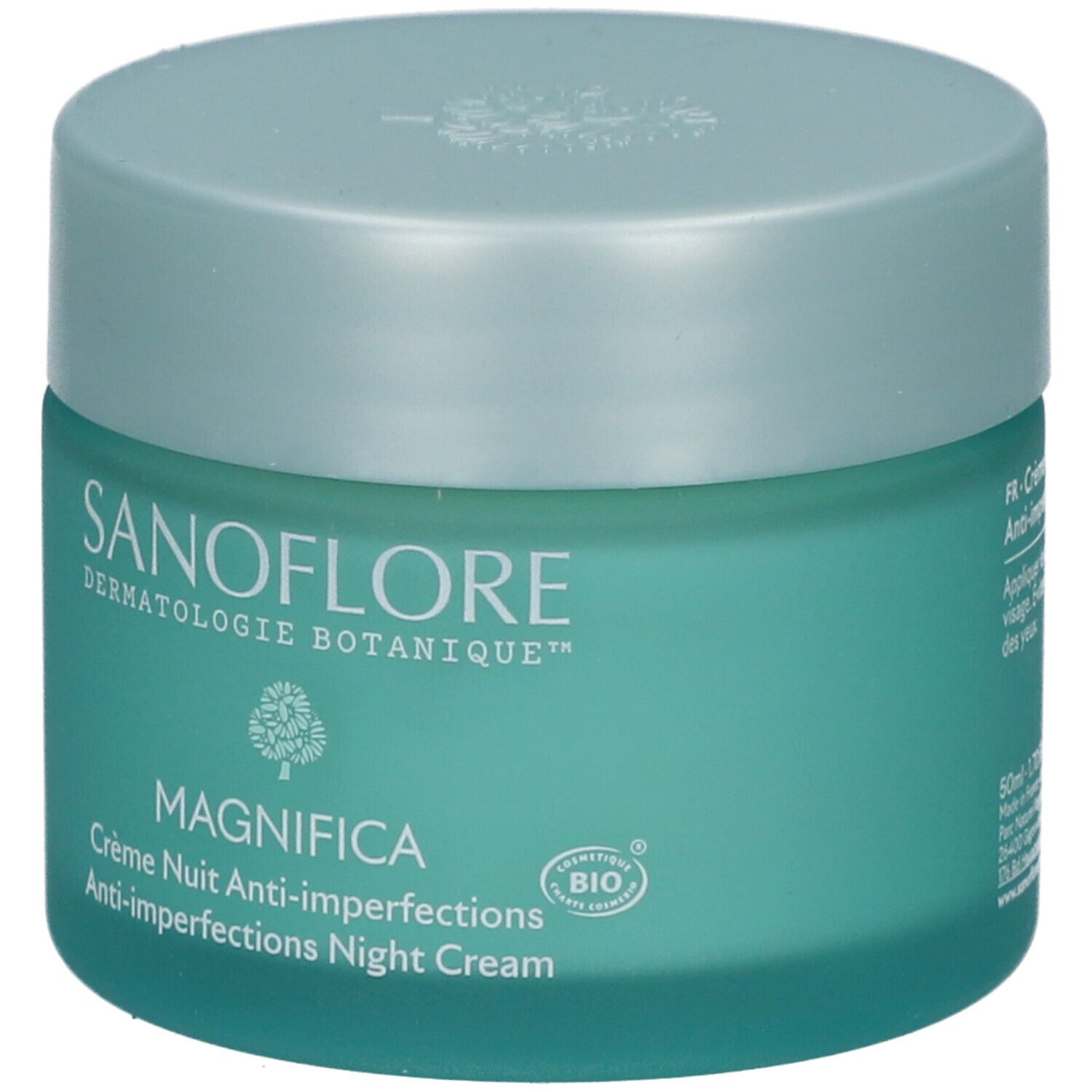 Pot turquoise avec couvercle. Inscription: SANOFLORE, Magnifica, Crème Nuit Anti-imperfections. Certification Bio.