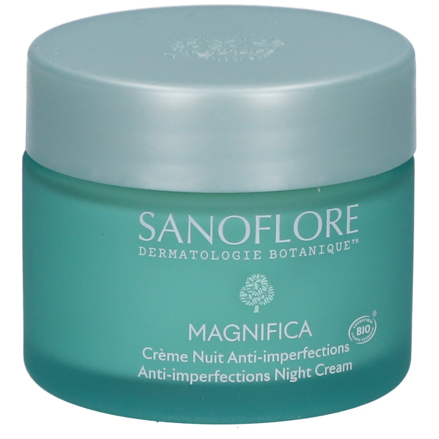 Pot turquoise avec couvercle. Inscription: SANOFLORE, Magnifica, Crème Nuit Anti-imperfections. Certification Bio.