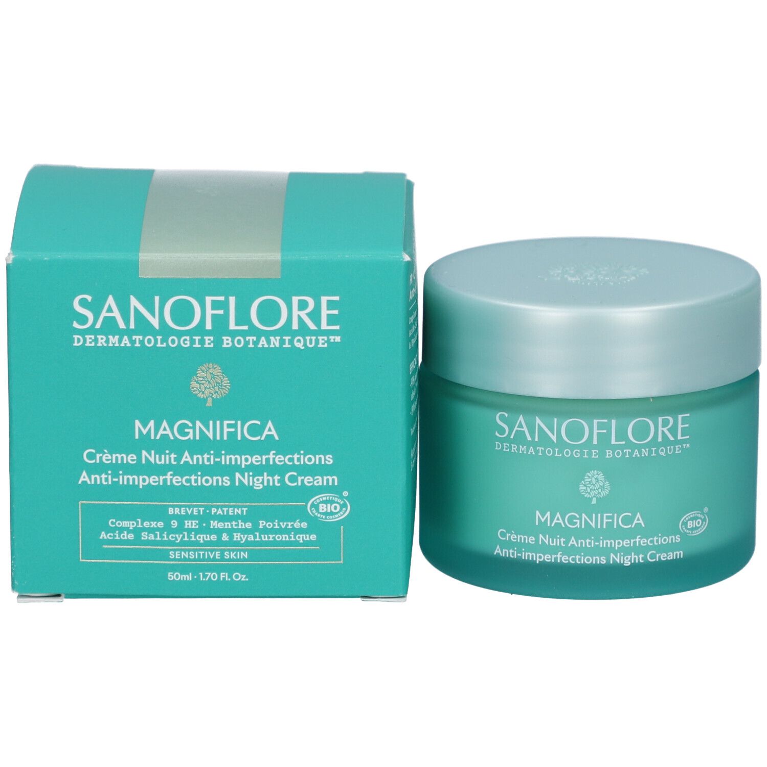Pot et boîte. Inscription: SANOFLORE, Magnifica, Crème Nuit Anti-imperfections. Certification Bio, ingrédients.