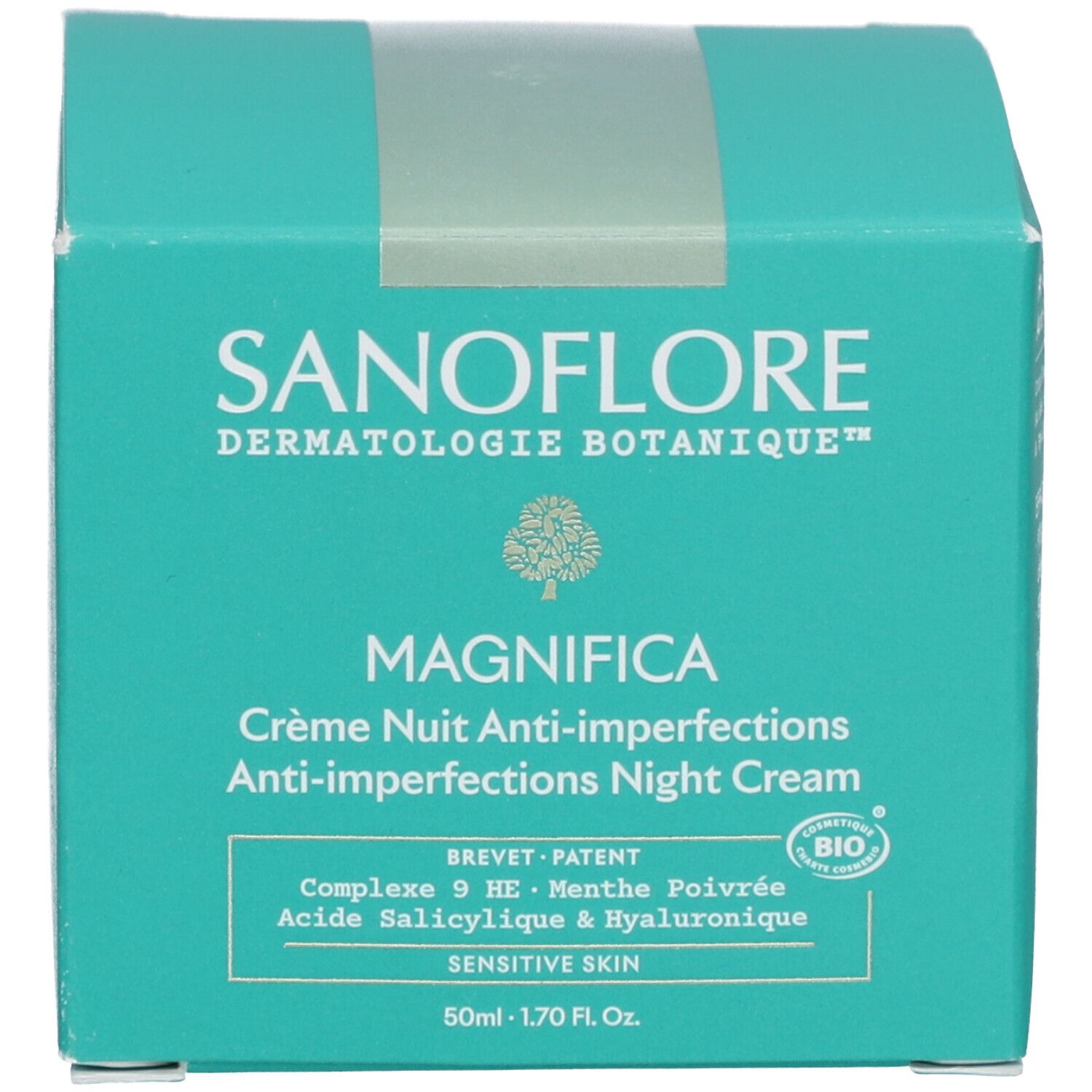 Boîte turquoise. Inscription: SANOFLORE, Magnifica, Crème Nuit Anti-imperfections. Ingrédients, certification Bio.
