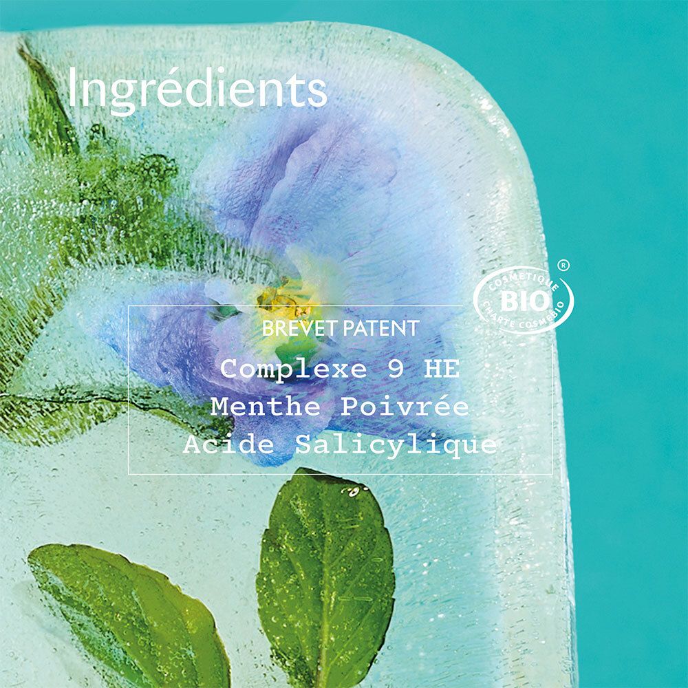Bloc de glace avec fleurs et feuilles. Texte: BREVET PATENT, Complexe 9 HE, Menthe Poivrée, Acide Salicylique. Label Bio.