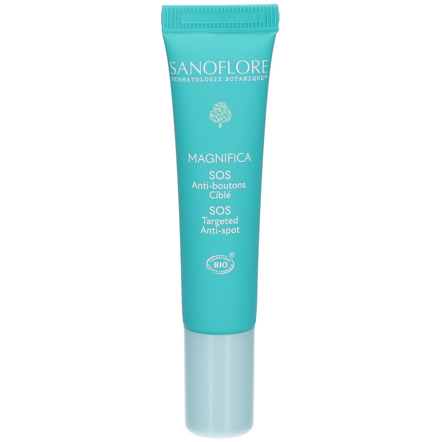Turquoise tube met witte tekst. Productnaam: Magnifica SOS Anti-puistjes met Doelgerichte Werking. Bio-certificering. Witte schroefdop.