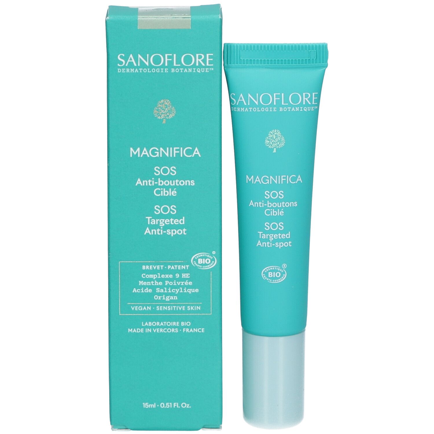 Product en verpakking. Turquoise doos en tube. Productnaam: Magnifica SOS Anti-puistjes met Doelgerichte Werking. Bio-certificering. Vegan.