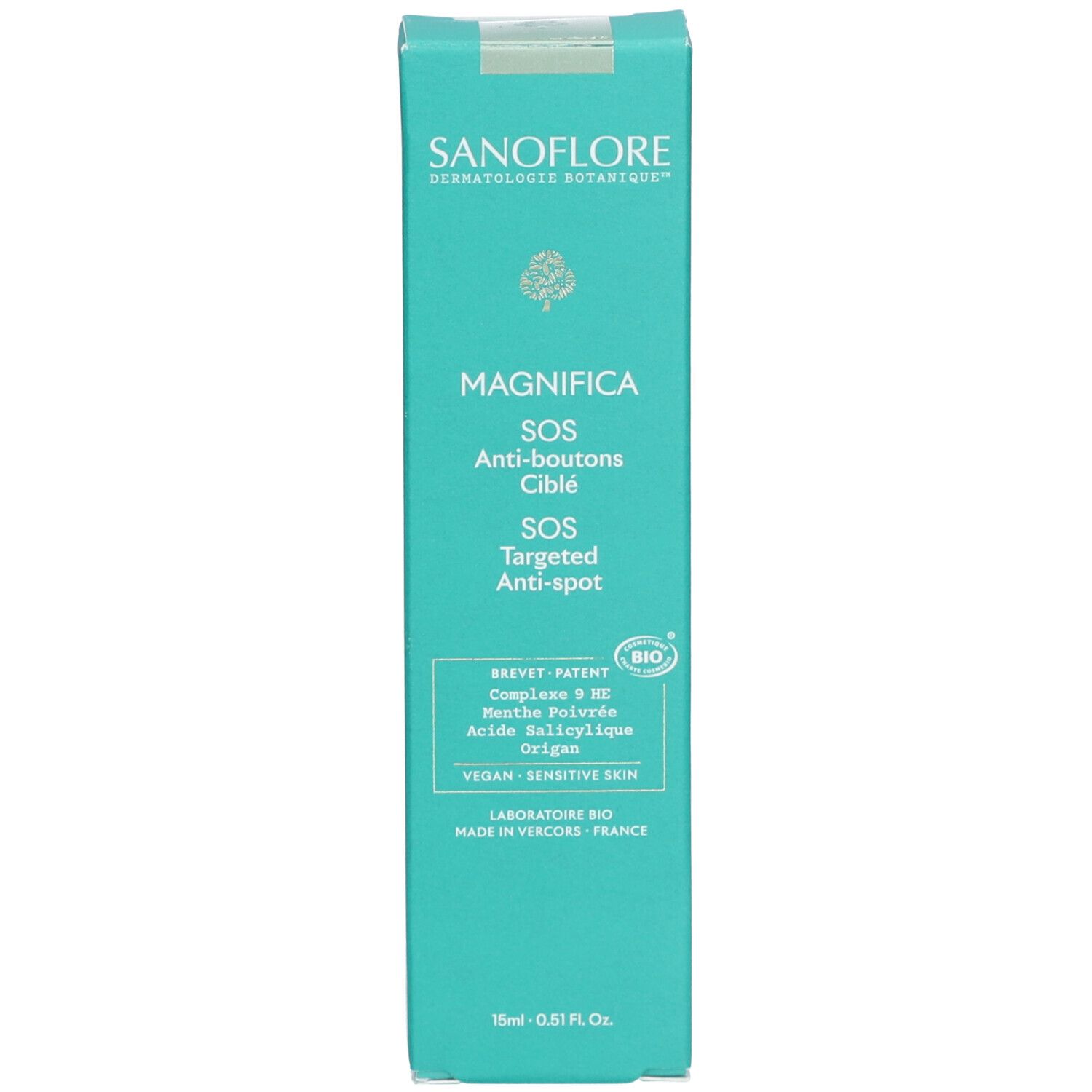 Turquoise doos met witte tekst. Productnaam: Magnifica SOS Anti-puistjes met Doelgerichte Werking. Bio-certificering. Vegan. 15ml.