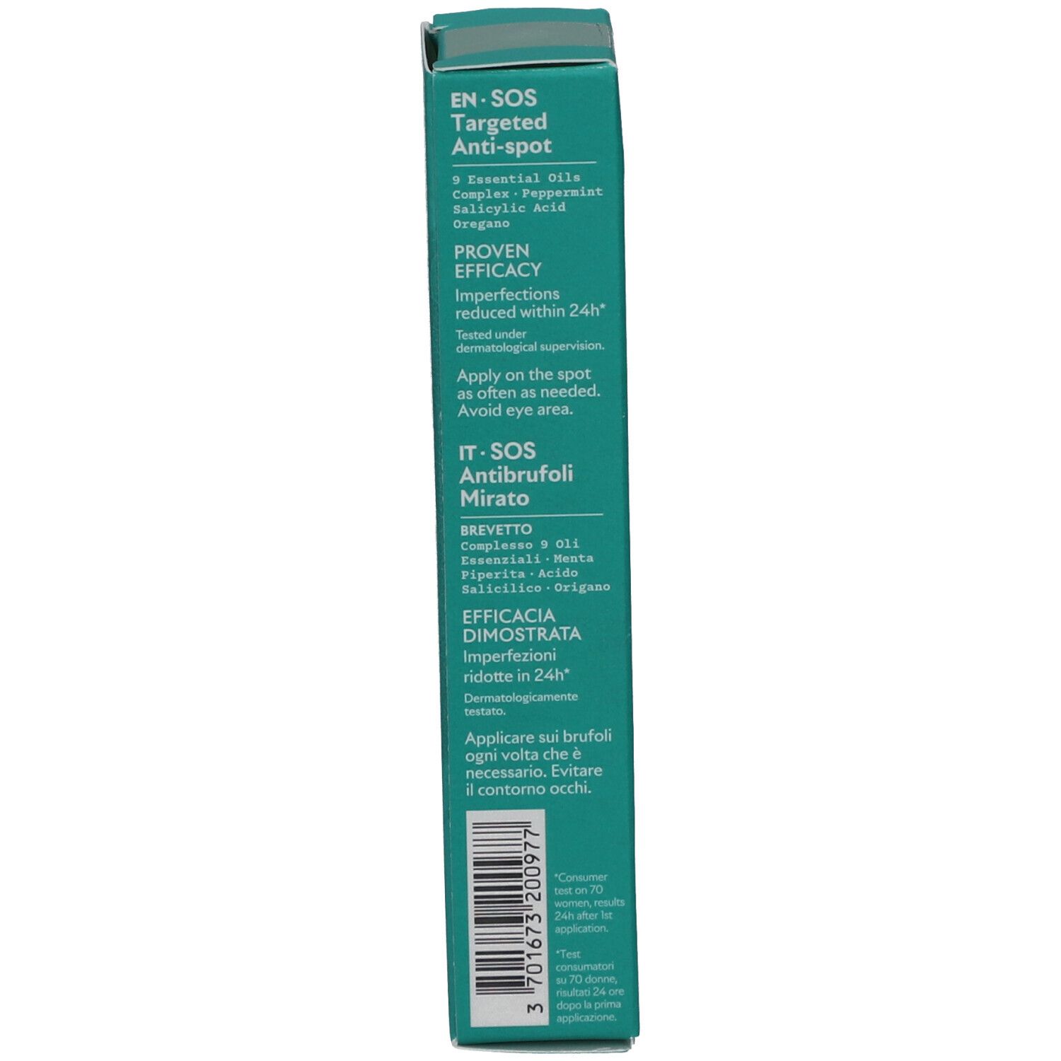 Achterkant van de doos. Tekst in het Engels en Italiaans. Productinformatie. Bio-certificering. Barcode.