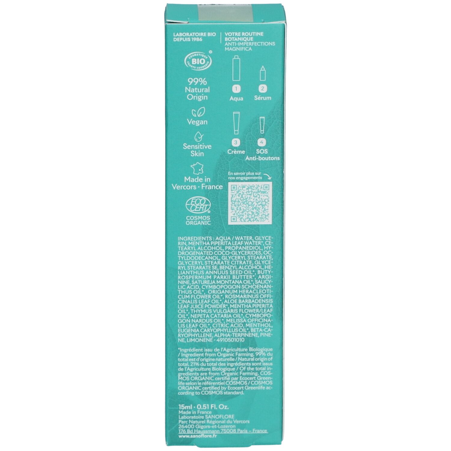 Zijkant van de doos. Productinformatie. Ingrediënten. Bio-certificering. Vegan. Gemaakt in Frankrijk.