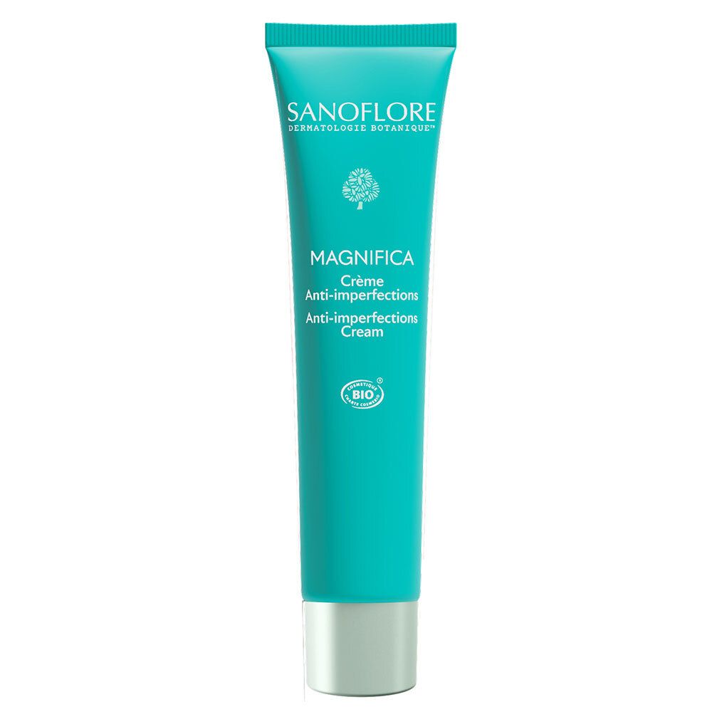 Turquoise tube met witte tekst. Productnaam: MAGNIFICA Crème Anti-imperfections. Merk: SANOFLORE. Bio-certificering.