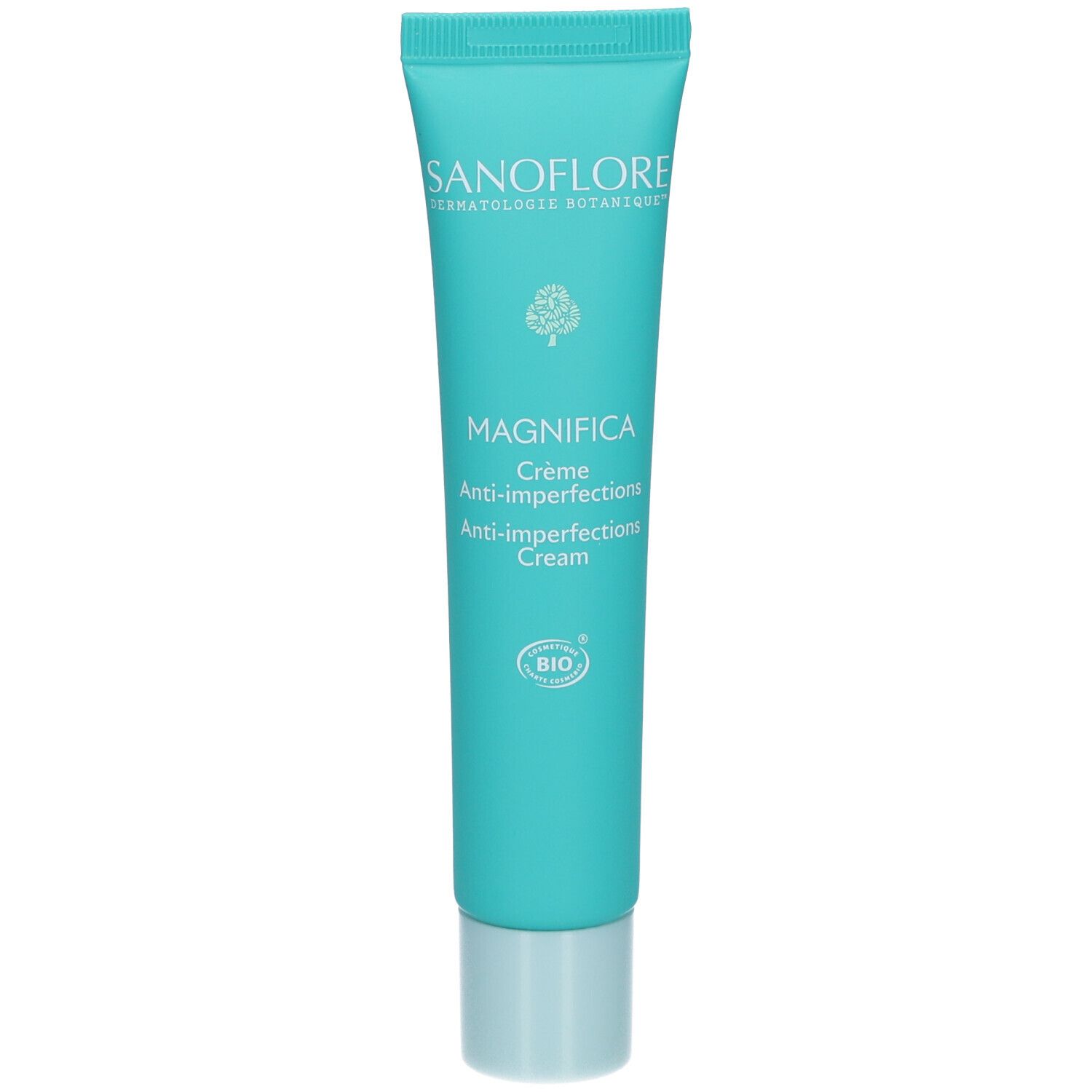 Turquoise tube met witte tekst. SANOFLORE, MAGNIFICA Crème Anti-imperfections. Bio-logo. Lichtblauwe dop.