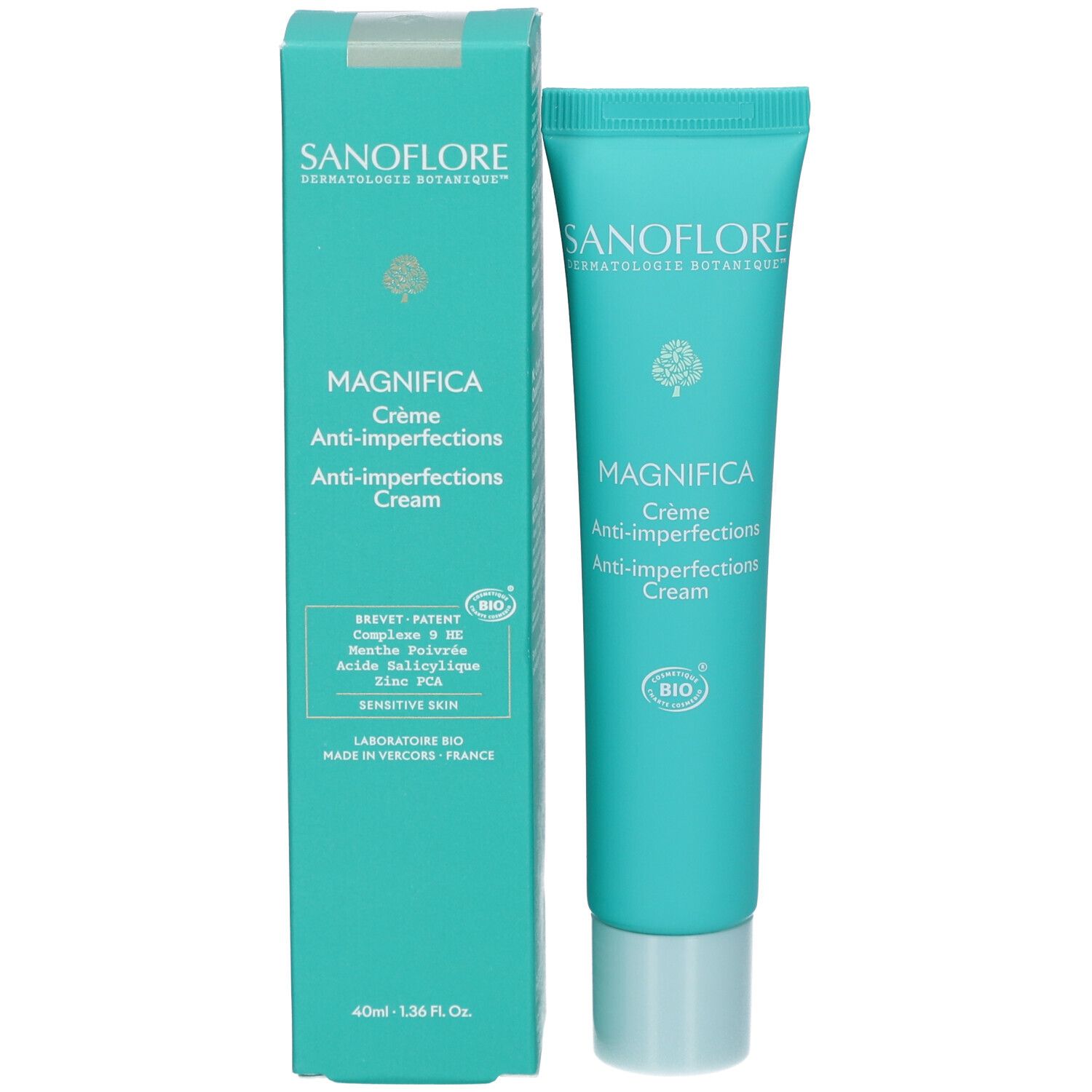 Product en verpakking. Turquoise doos en tube. MAGNIFICA Crème Anti-imperfections op de doos. Bio-logo.