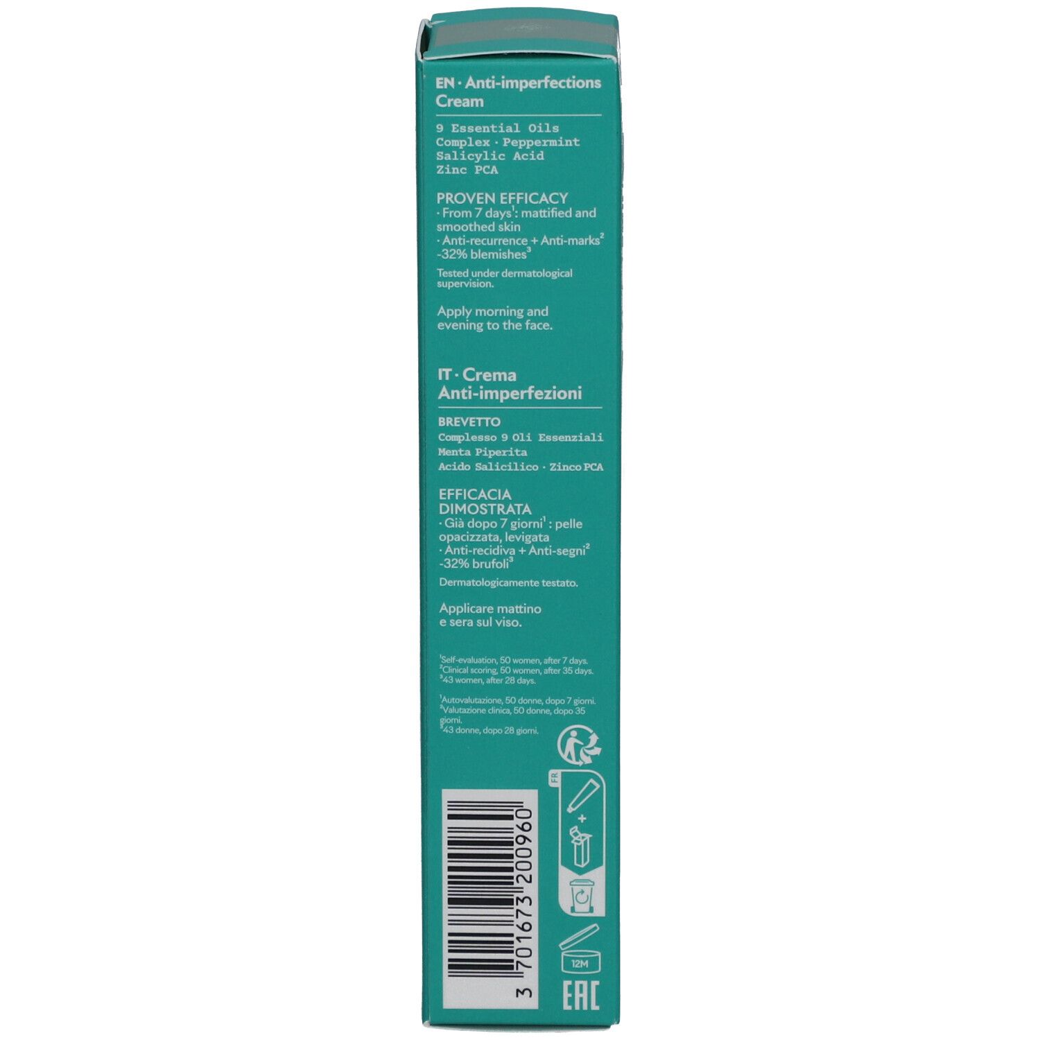 Achterkant van de doos. Tekst in het Engels en Italiaans. Ingrediënten en effectiviteit. Barcode en certificeringen.