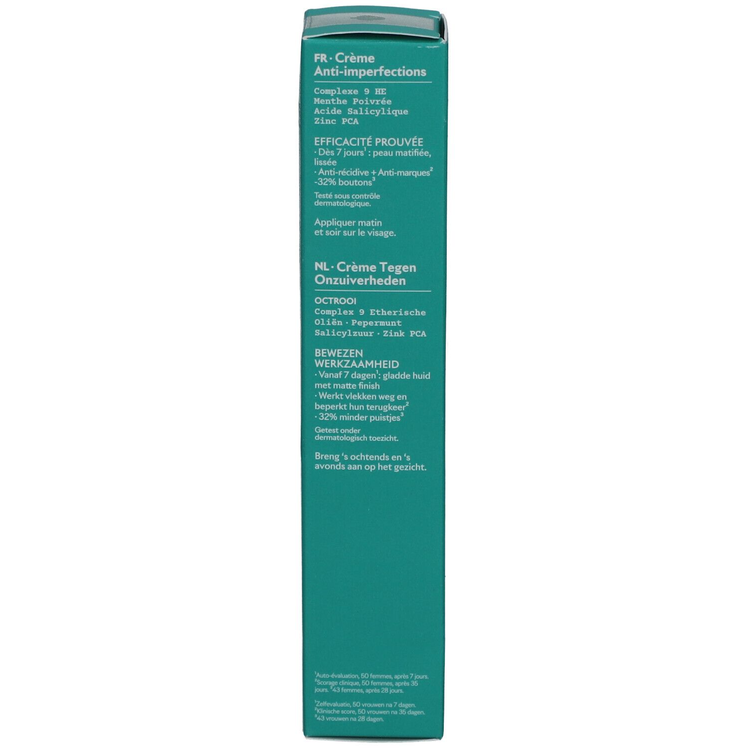 Zijkant van de doos. Tekst in het Frans en Nederlands. Effectiviteit en gebruik. Barcode.