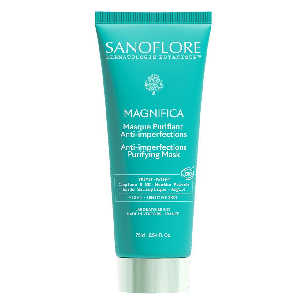 Turquoise tube met witte dop. Opschrift: Sanoflore, Magnifica Masque Purifiant Anti-imperfections. Vegan, gevoelige huid.