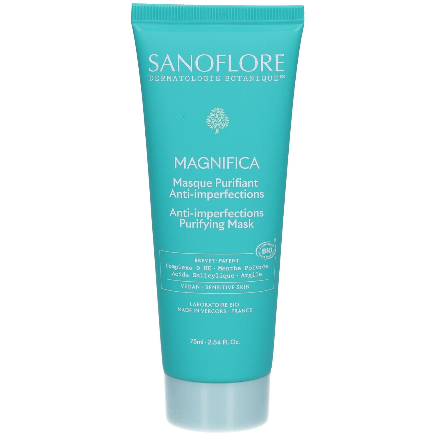 Turquoise tube. Opschrift: Sanoflore, Magnifica, Masque Purifiant Anti-imperfections. Bio-certificering.